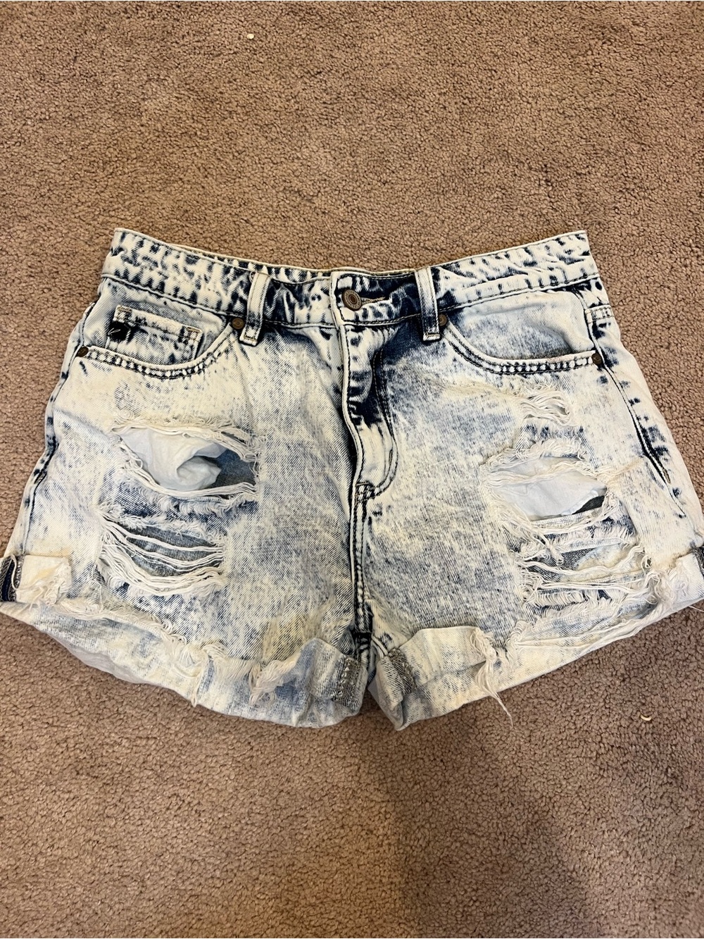KanCan Acid Wash Distressed Denim Shorts - Light Blue/Ivory
